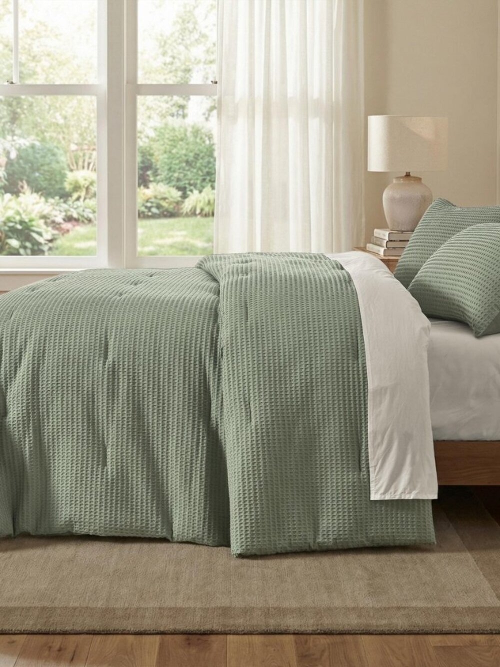 Sage Green Waffle Weave Comforter Set Queen, 3-Piece Cotton Face Anti-Snag
